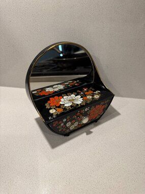 VINTAGE JAPAN FLORAL DESKTOP BOUDOIR VANITY MIRROR WITH DRAWER
